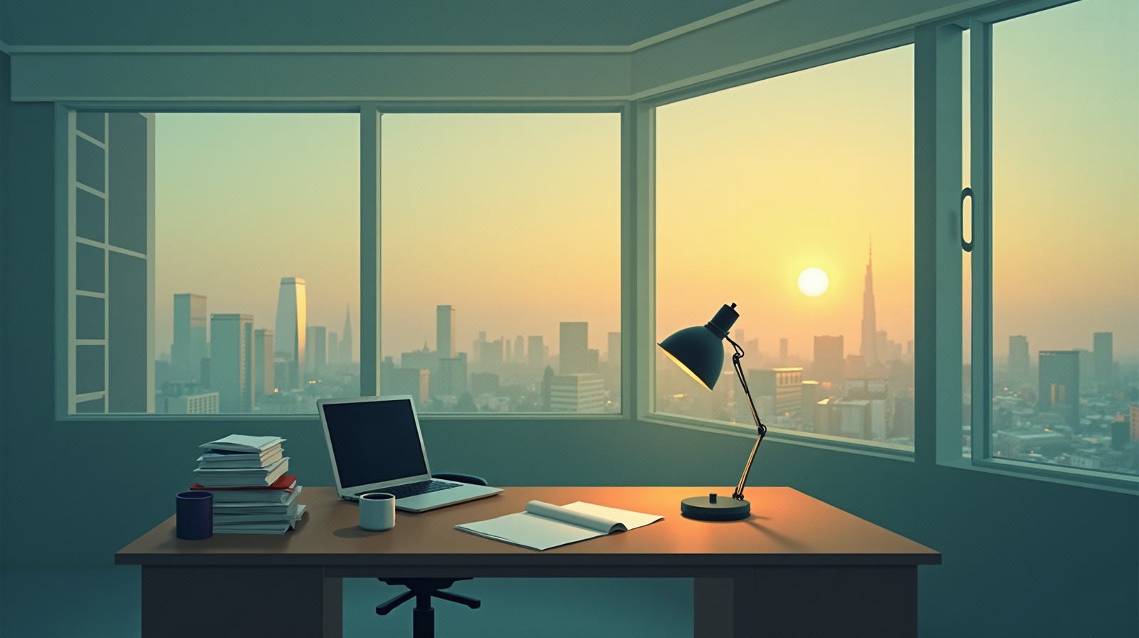 Empty office desk at dusk after the module's hard decision