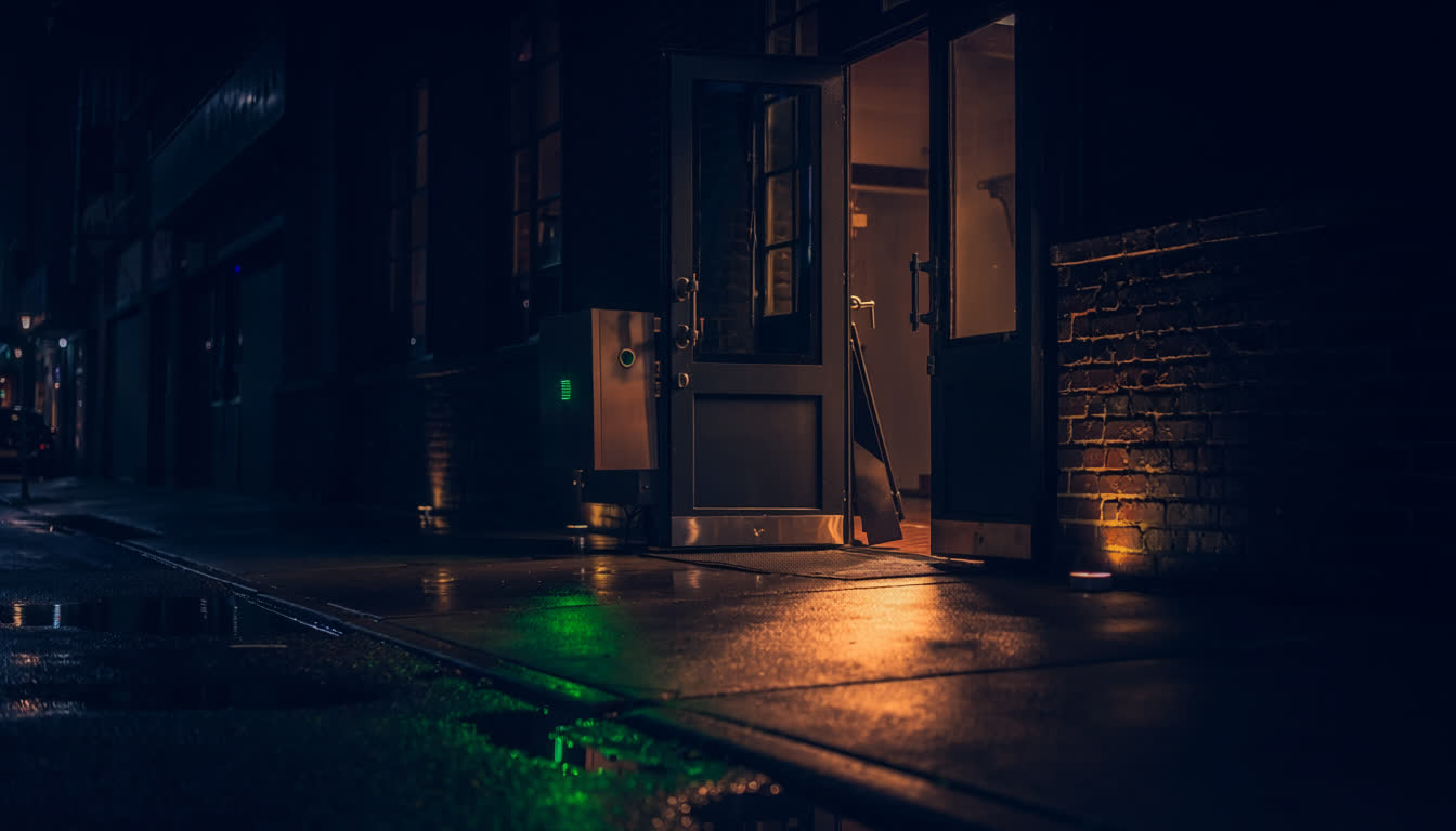 Venue door opening with warm light, security cordon removed, returning to normal