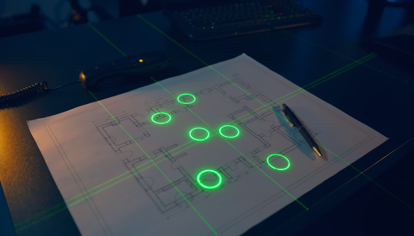 Architectural blueprint on dark desk with green glowing location markers, pen and radio