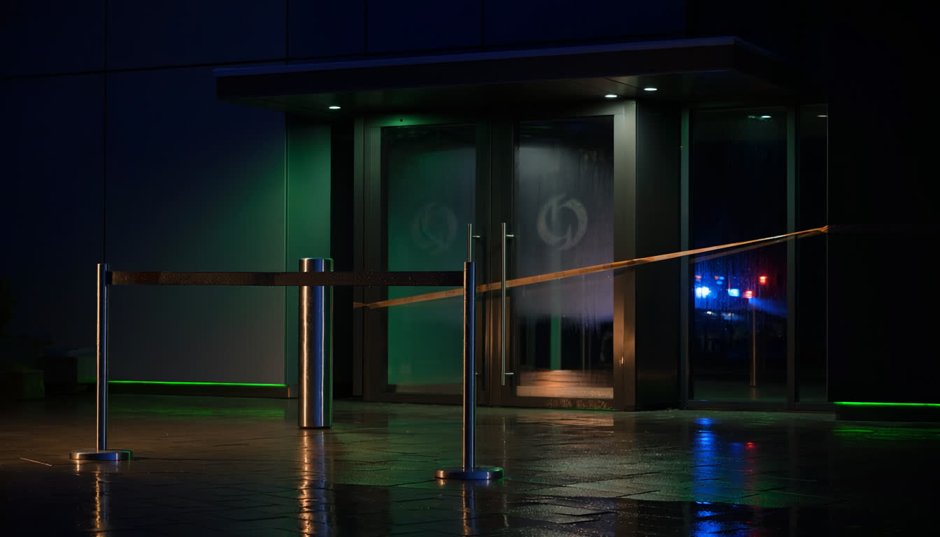 Venue main entrance at night with security cordon and police lights