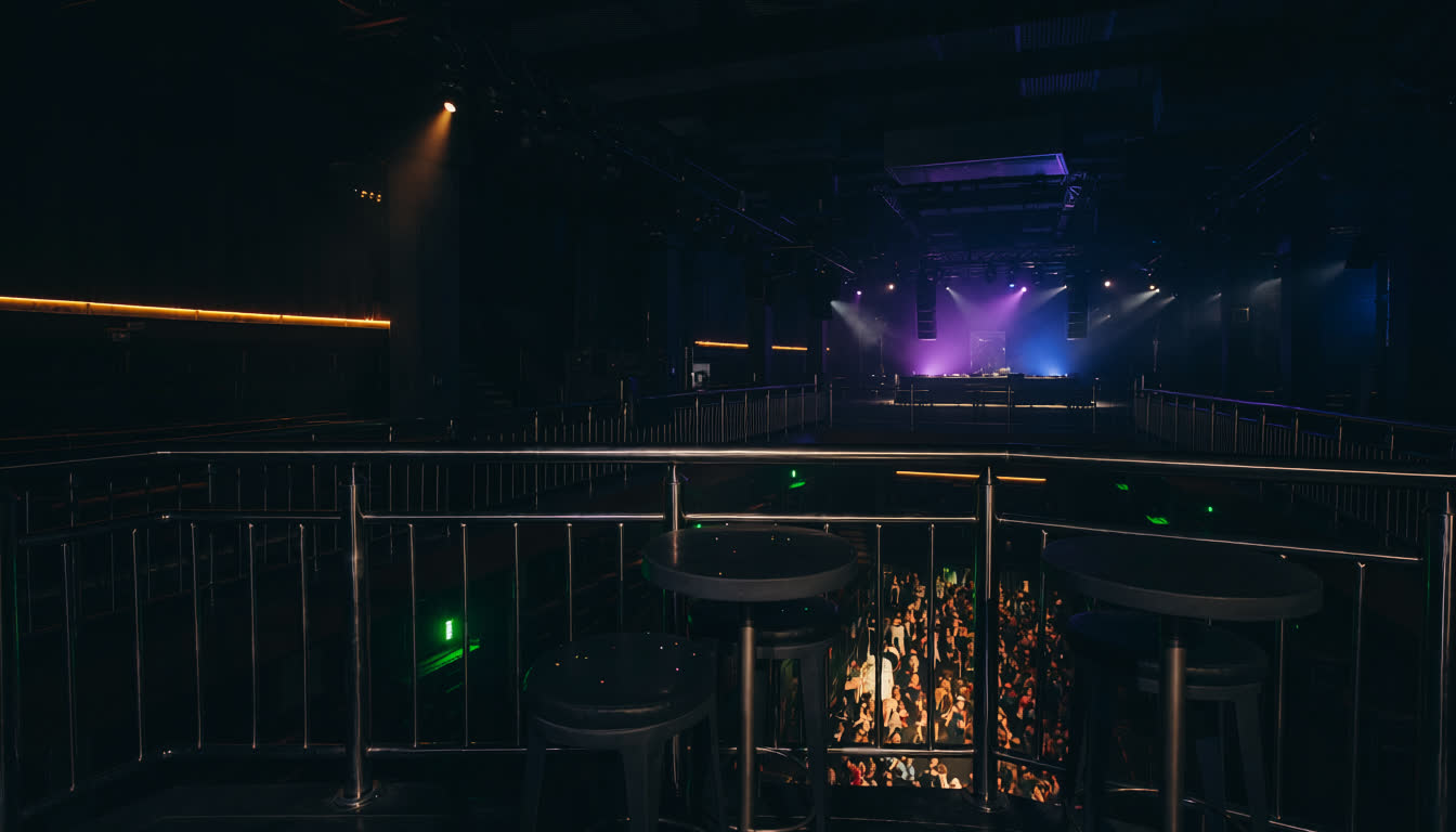 Nightclub mezzanine level overlooking a packed dance floor with DJ booth in distance