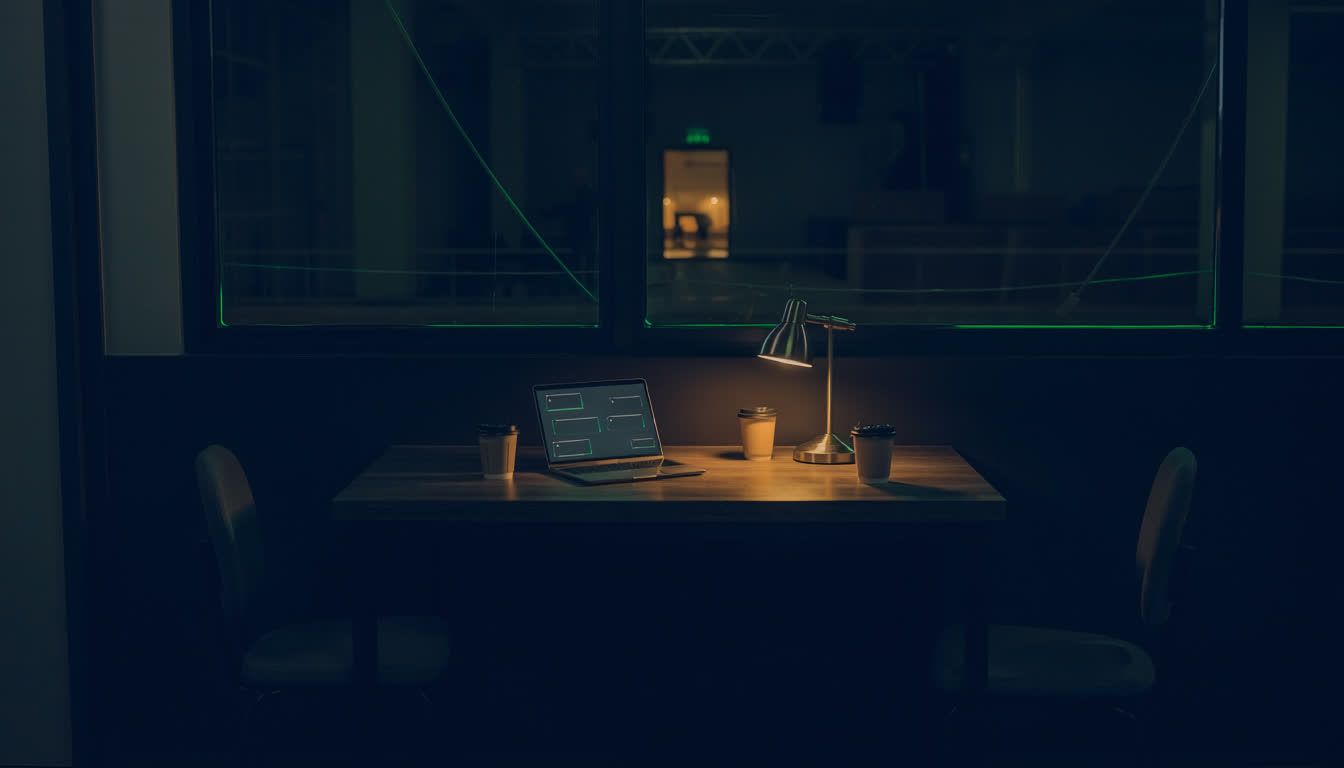 Dark venue office with desk lamp, laptop showing SBAR form, two chairs