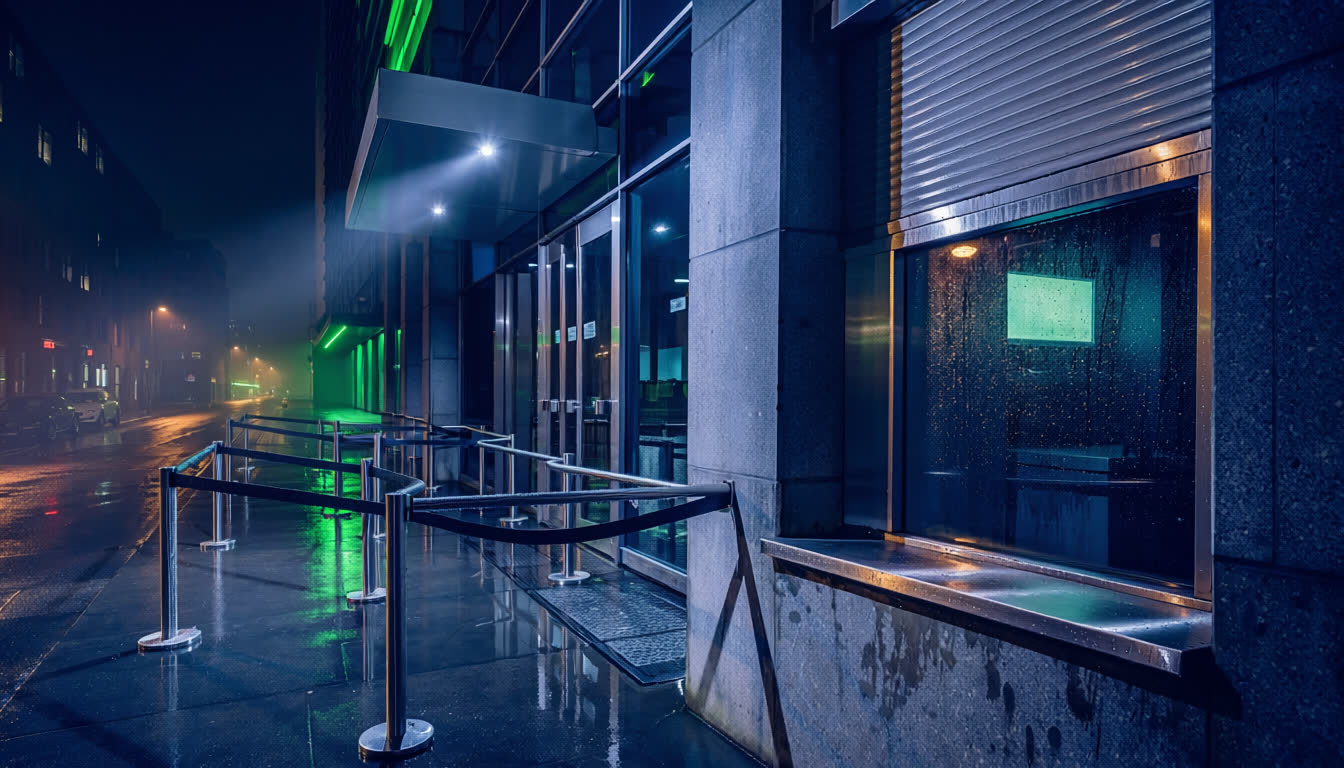 South entrance of The Meridian at night, queue barriers and security lighting