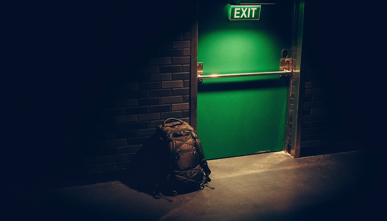 Unattended black rucksack beside a green fire exit door with illuminated EXIT sign