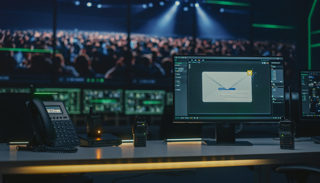 Control room desk with phone, radios, and email notification on monitor, CCTV wall behind