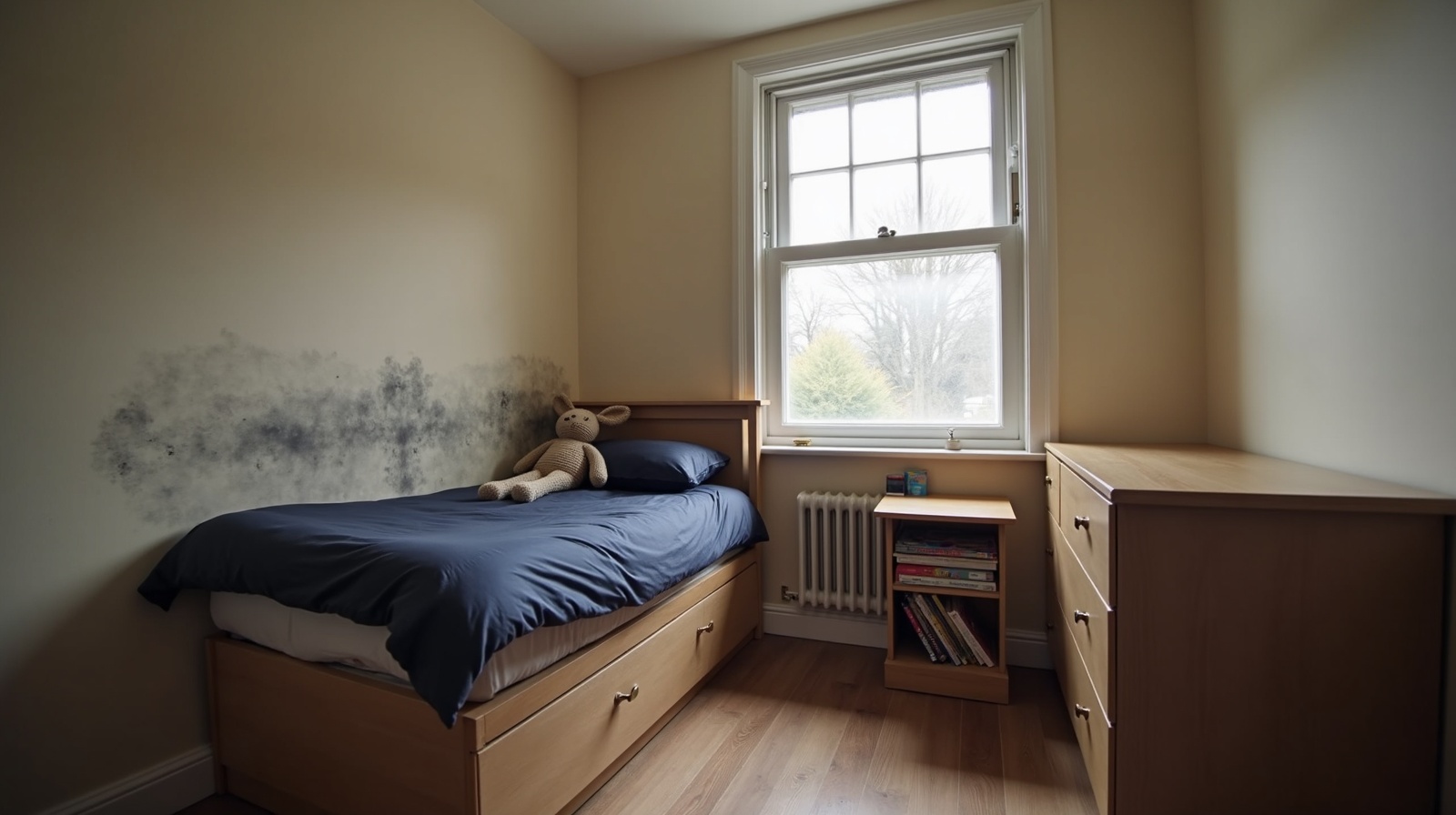 Mia's back bedroom at 14 Beaufort Close — wall mid-repaint, mould staining visible beneath fresh paint