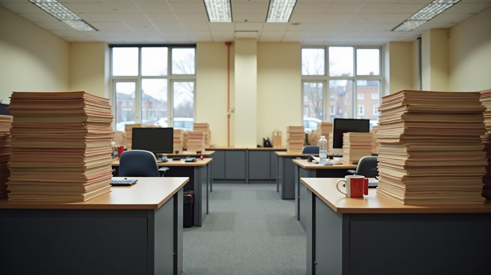 Dale's desk at Sheffield City Council housing enforcement, 47 buff case-files stacked, coloured ribbon tabs