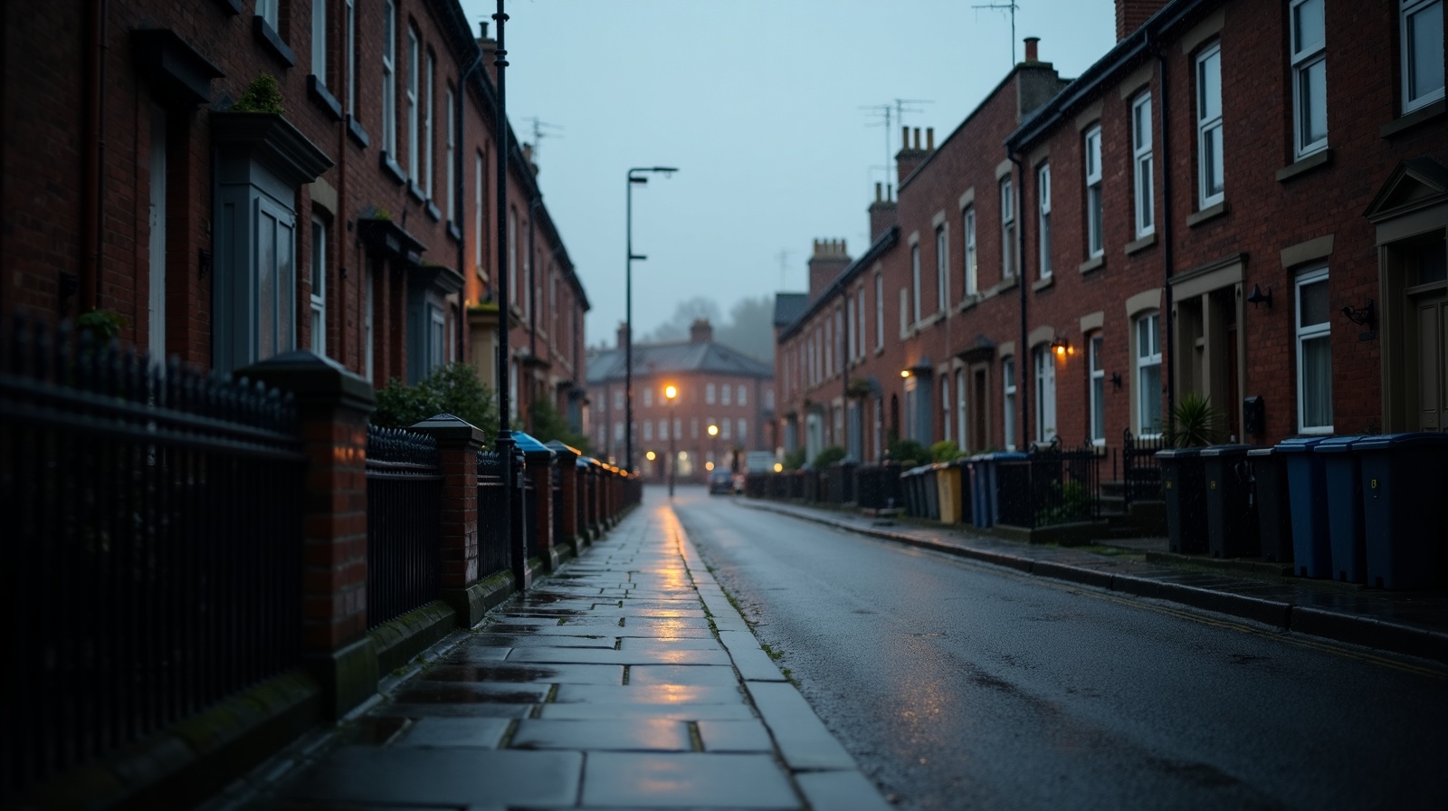 Wet Sheffield residential street — Jade and Mia walking home from a corner shop in the rain