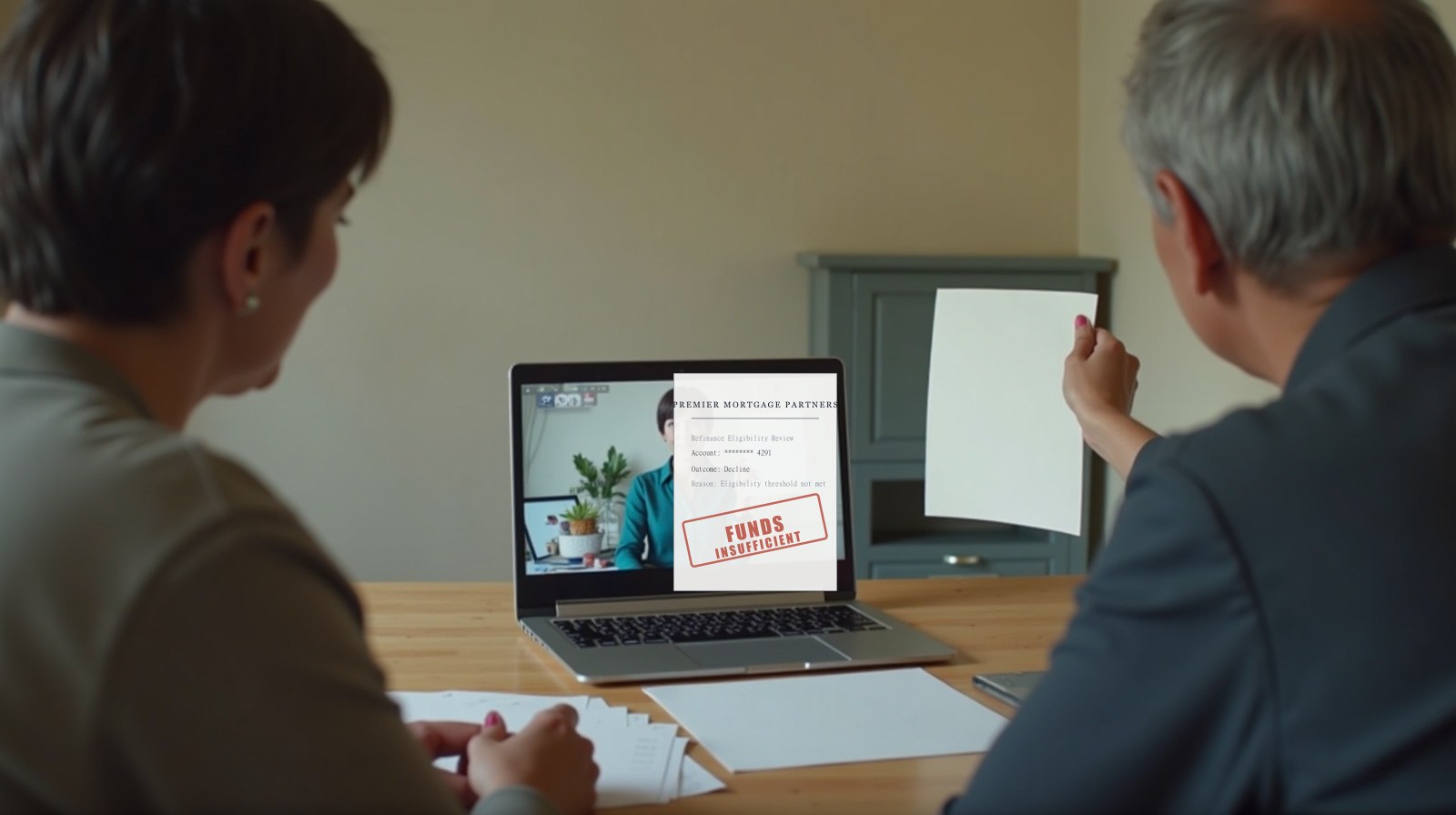 Priya at her kitchen table — laptop frozen on the mortgage advisor's video call, FUNDS INSUFFICIENT stamped across the document