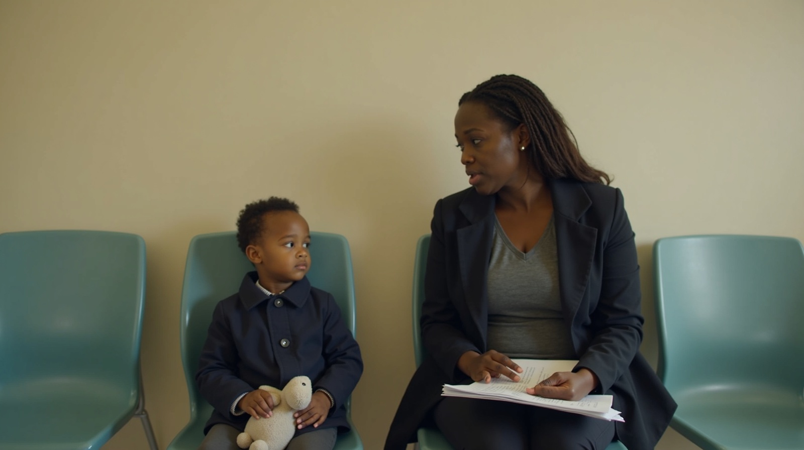 Sheffield Children's Hospital paediatric respiratory clinic waiting room — Jade and Mia sitting together