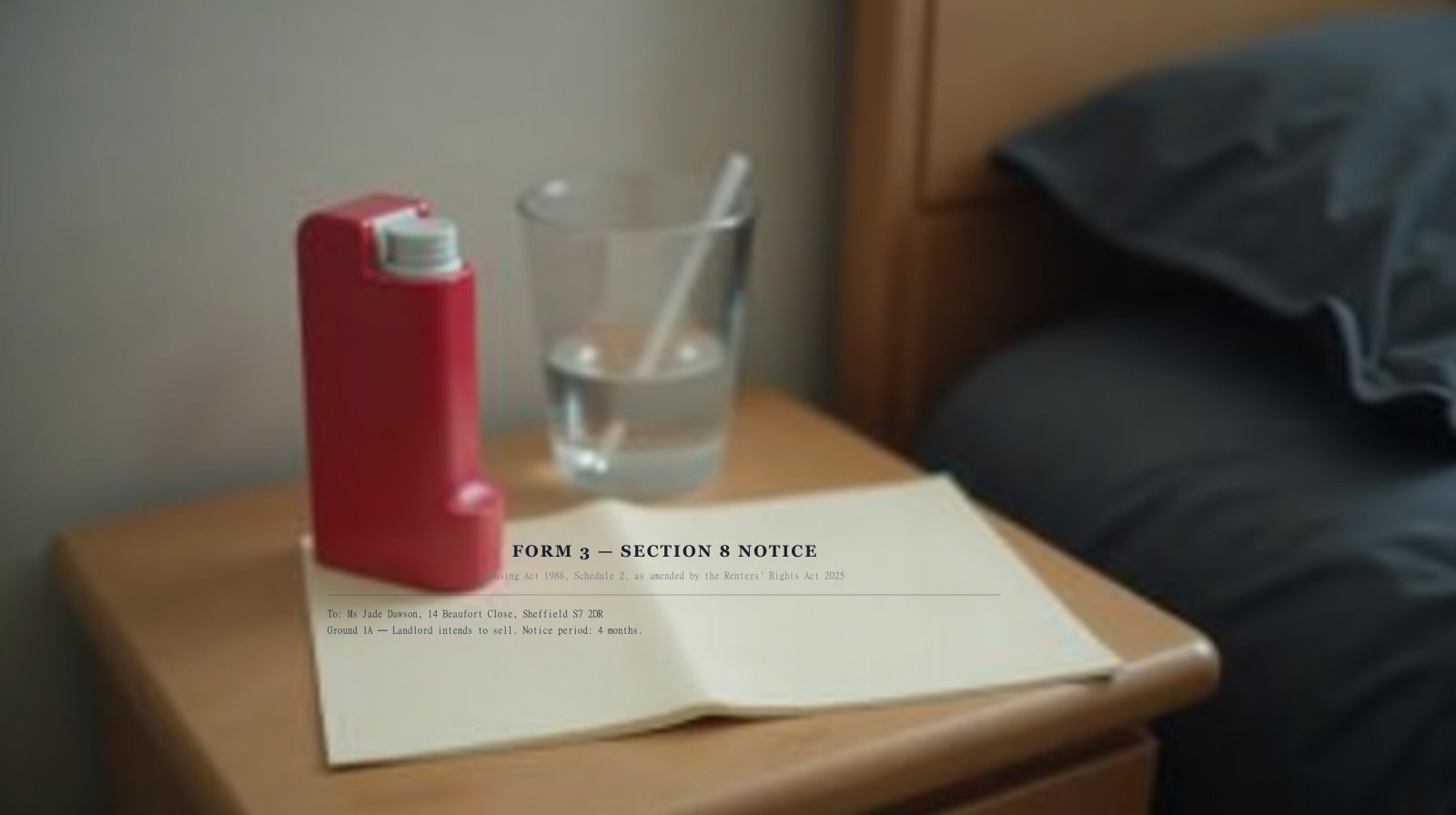 Mia's bedside table at dawn — sheffield-red asthma inhaler, an appointment card, the folded Section 8 notice on top